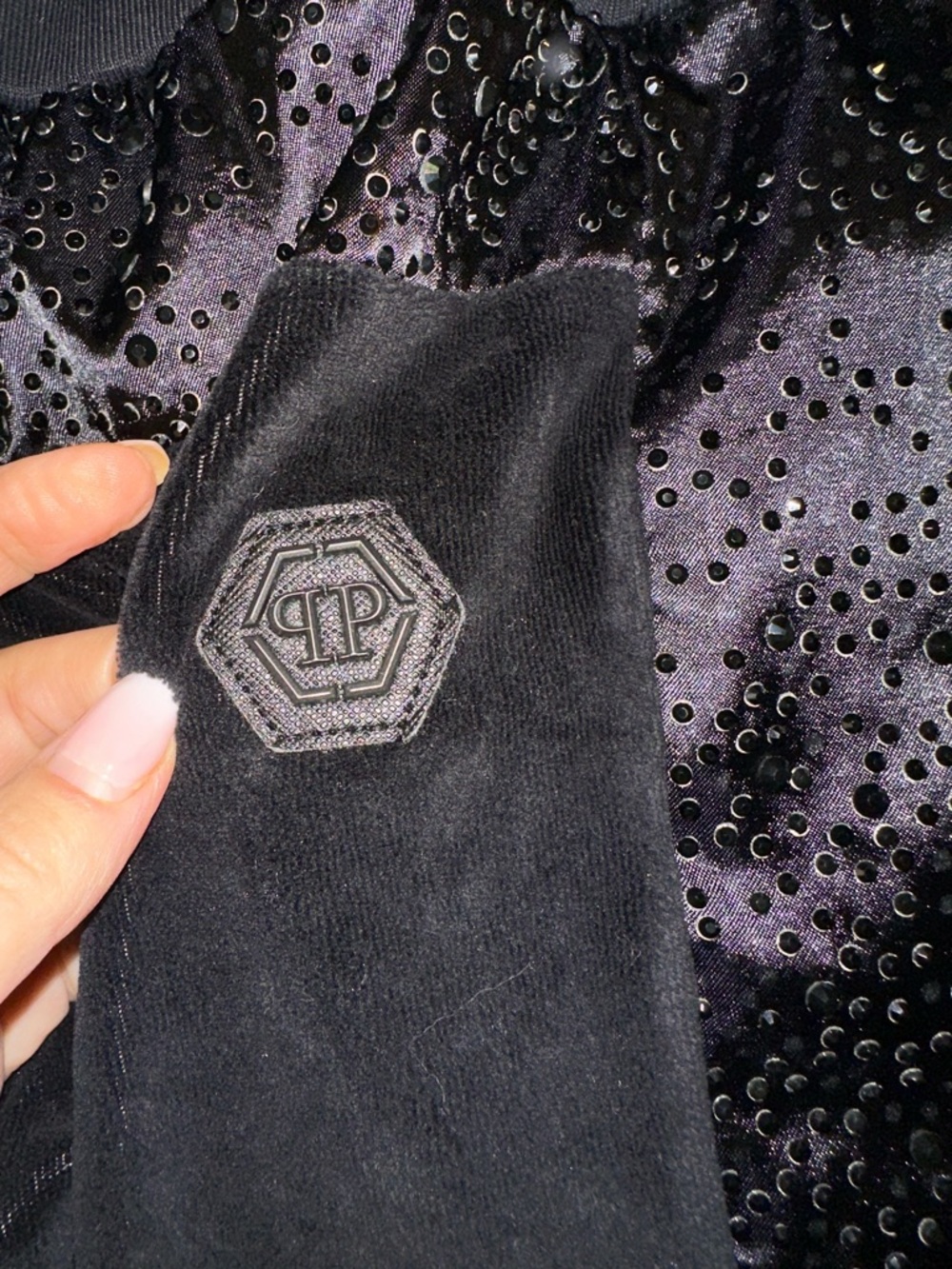 Philipp Plein Black Velvet pants with Logo Hex Patch with stones one of a kind S